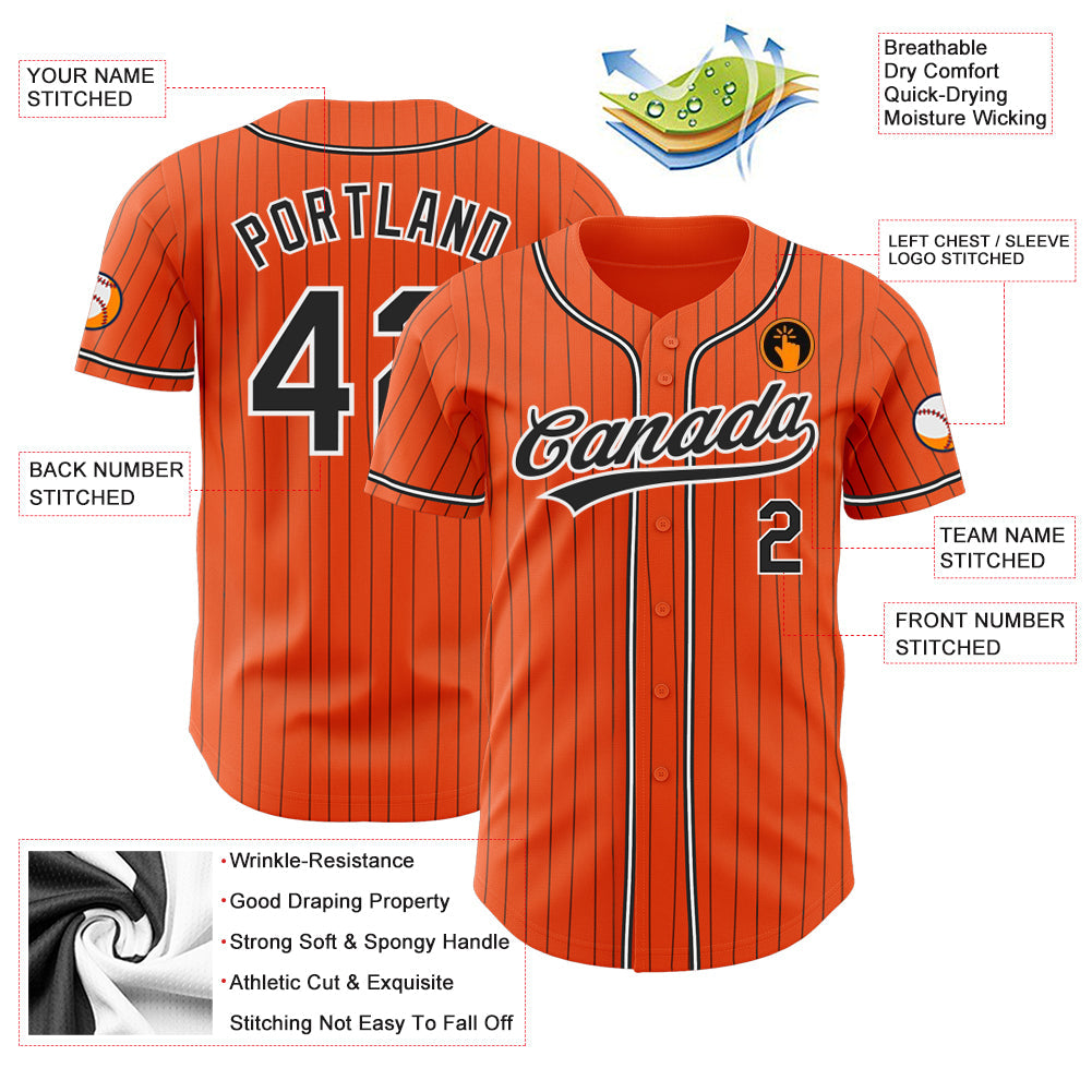 Custom Orange Black Pinstripe Black-White Authentic Baseball Jersey baseball jersey product view 3