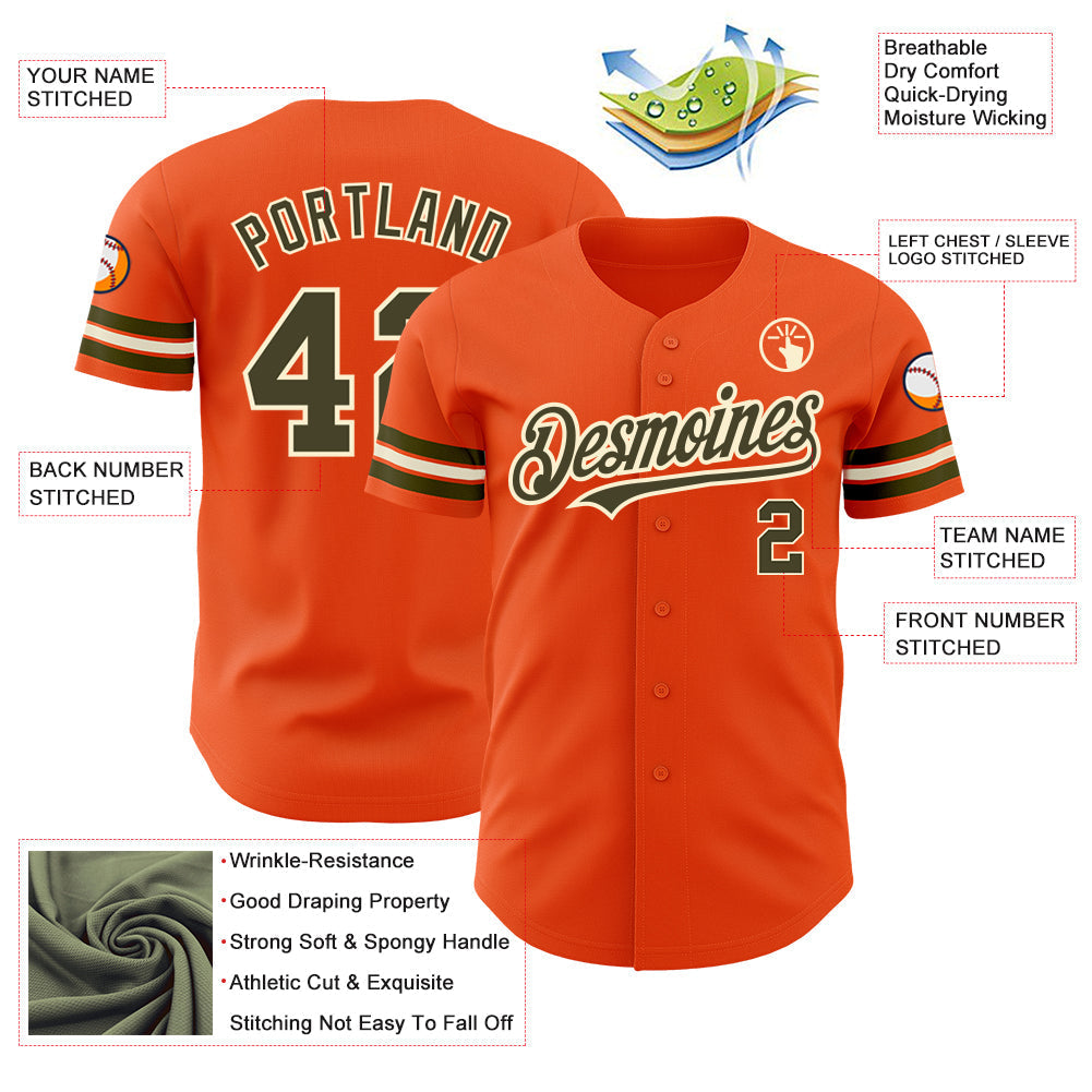 Custom Orange Olive-Cream Authentic Baseball Jersey baseball jersey product view 3