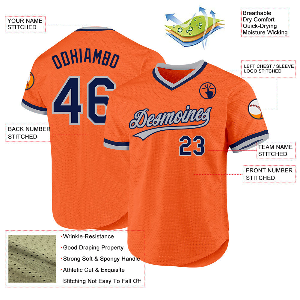 Custom Orange Navy-Gray Authentic Throwback Baseball Jersey baseball jersey product view 3