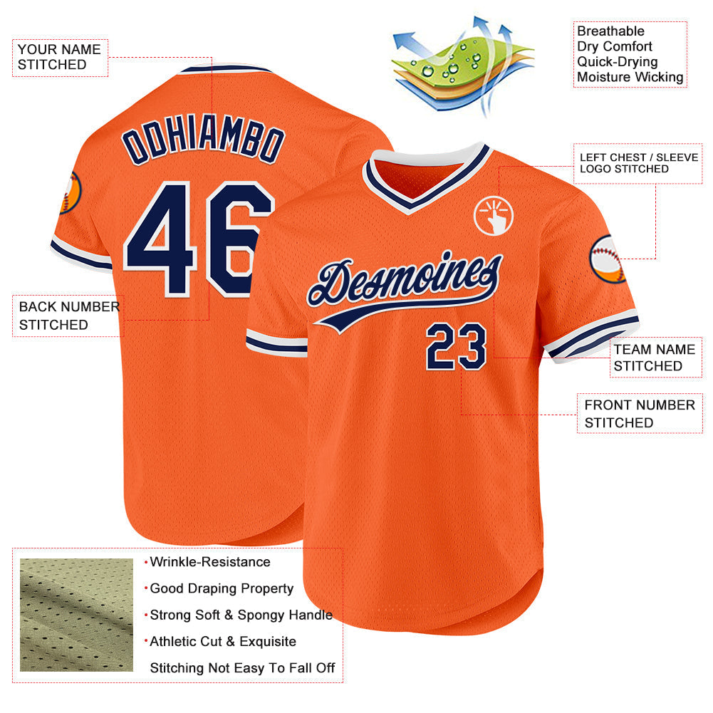 Custom Orange Navy-White Authentic Throwback Baseball Jersey baseball jersey product view 3