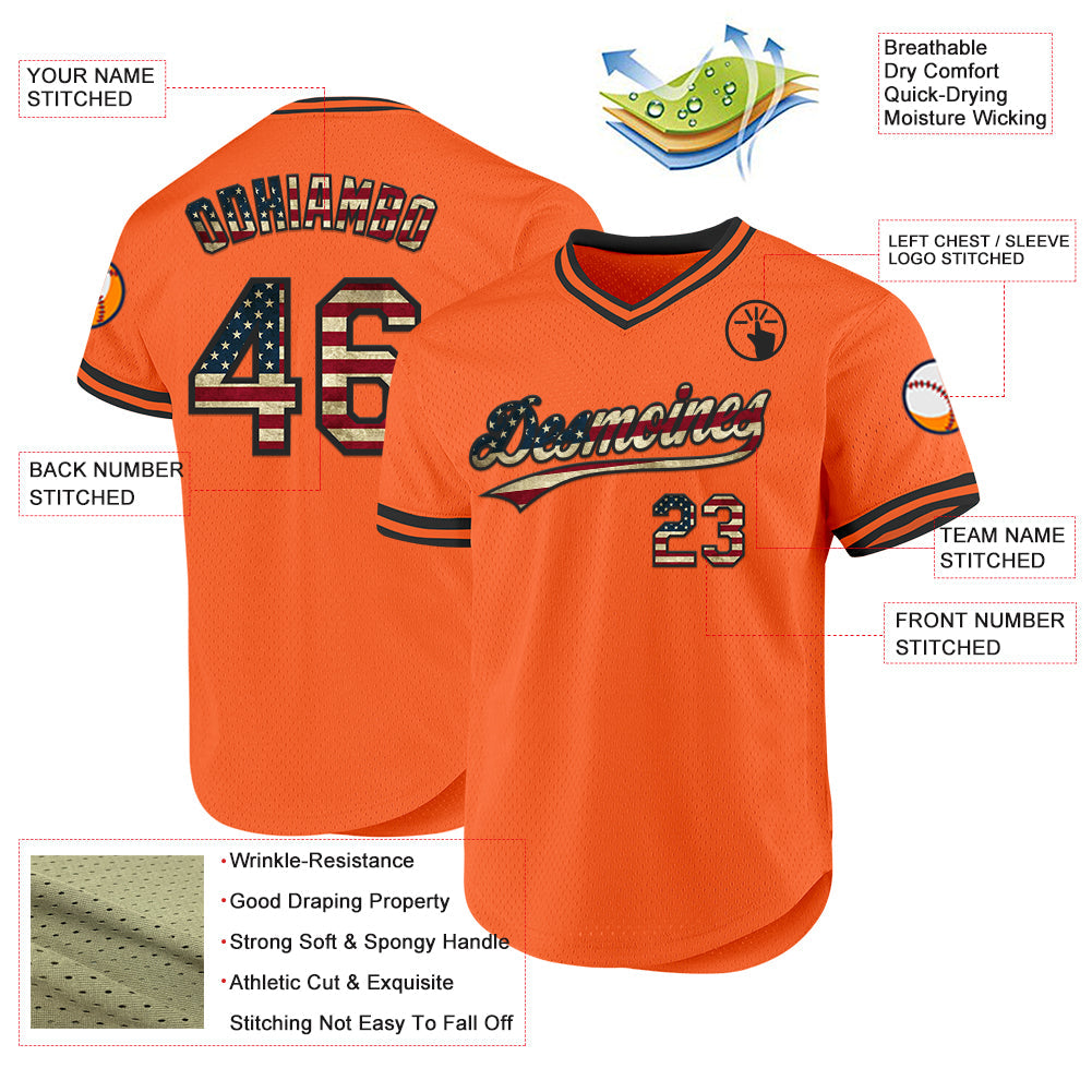 Custom Orange Vintage USA Flag-Black Authentic Throwback Baseball Jersey baseball jersey product view 3