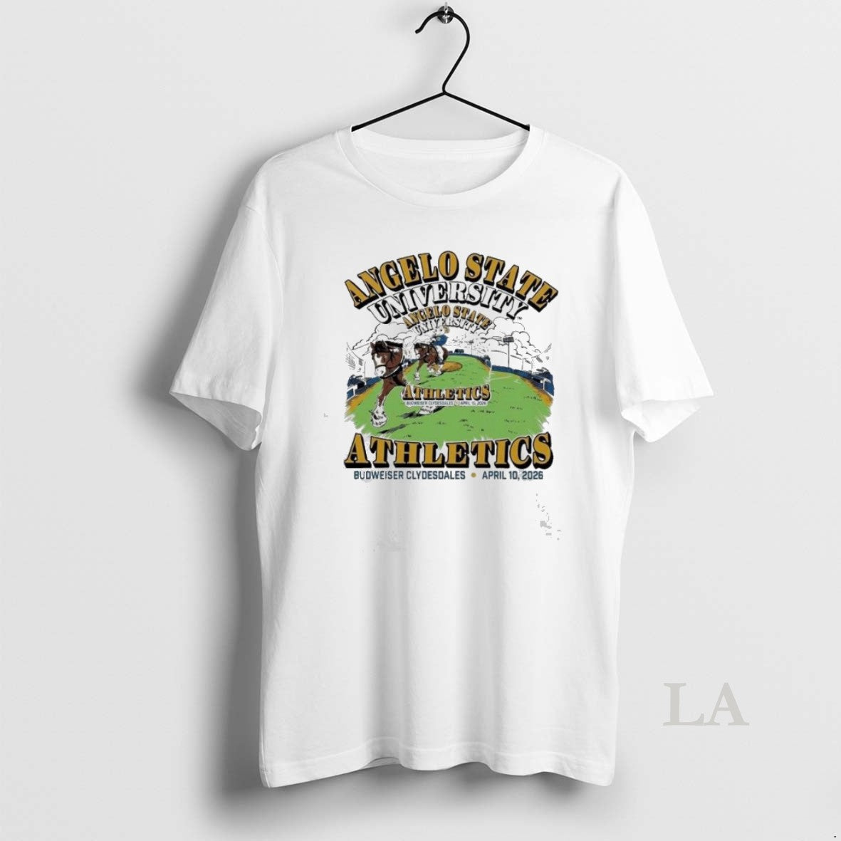 Original Angelo State University Athletics Budweiser Clydesdales April 10 2026 Unisex T-shirt, Sweatshirt, Hoodie, Long Sleeve Tee - T-Shirt, Sweatshirt, Hoodie