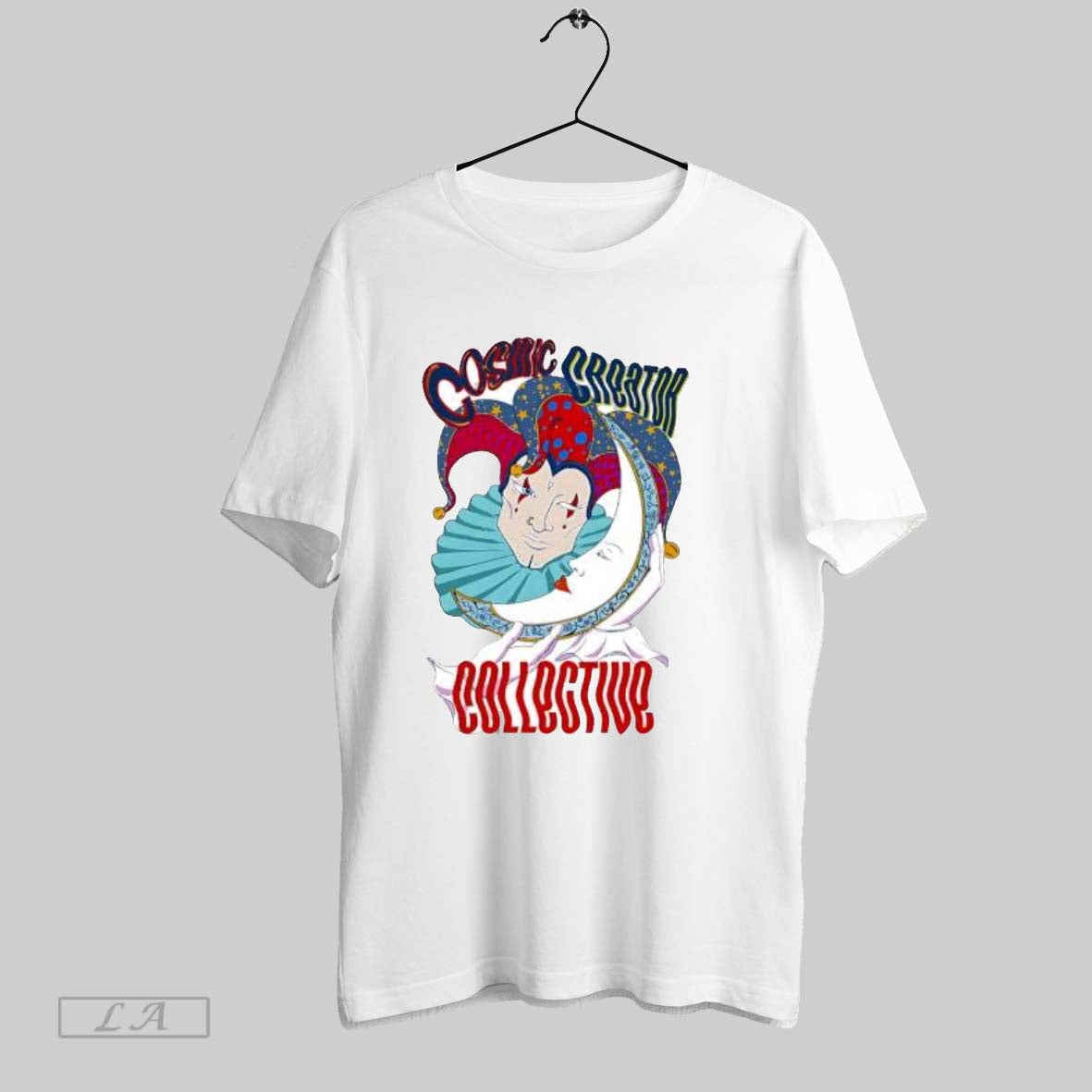 Original Cosmic Creator Collective Jester Holding Crescent Moon Unisex T-shirt, Sweatshirt, Hoodie, Long Sleeve Tee - T-Shirt, Sweatshirt, Hoodie