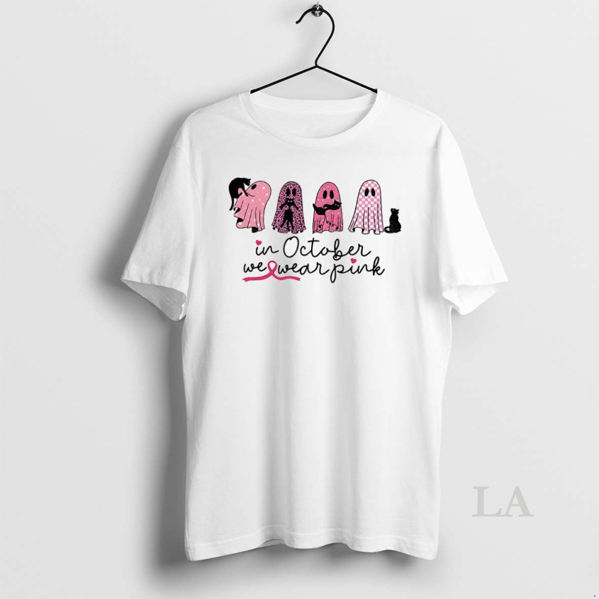 Original Cute Ghost Black Cat In October We Wear Pink Spooky Halloween Unisex T-shirt, Sweatshirt, Hoodie, Long Sleeve Tee - T-Shirt, Sweatshirt, Hoodie