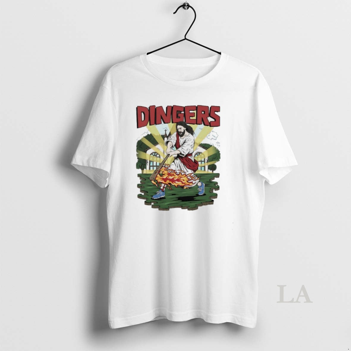 Original Jesus Hits Dingers Baseball Fire Swing Unisex T-shirt, Sweatshirt, Hoodie, Long Sleeve Tee - T-Shirt, Sweatshirt, Hoodie