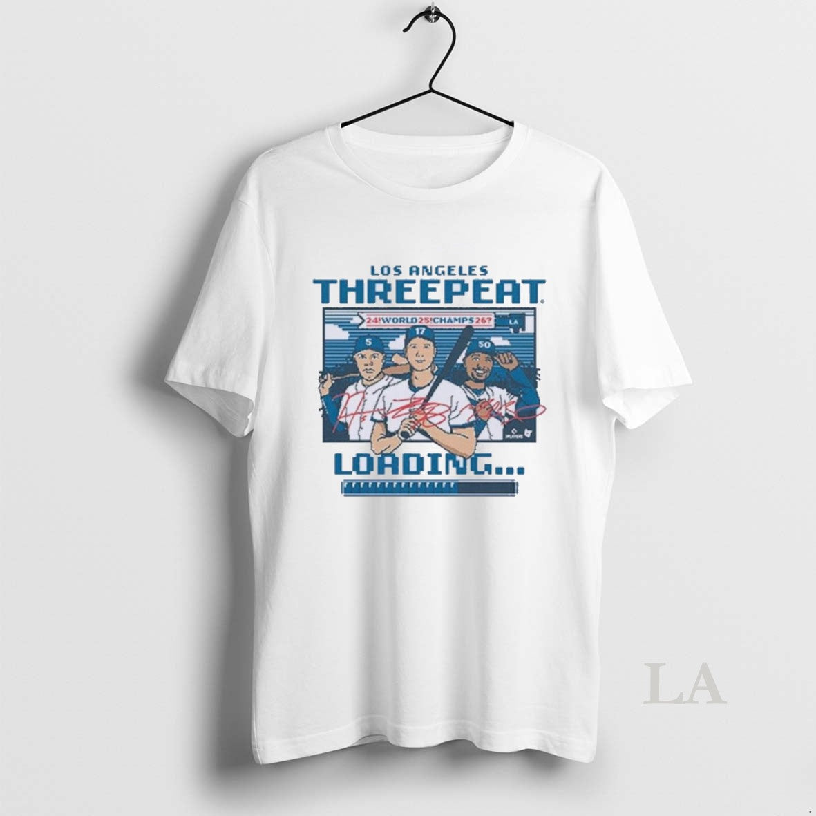 Original Los Angeles Baseball Threepeat Loading Caricature Unisex T-shirt, Sweatshirt, Hoodie, Long Sleeve Tee - T-Shirt, Sweatshirt, Hoodie