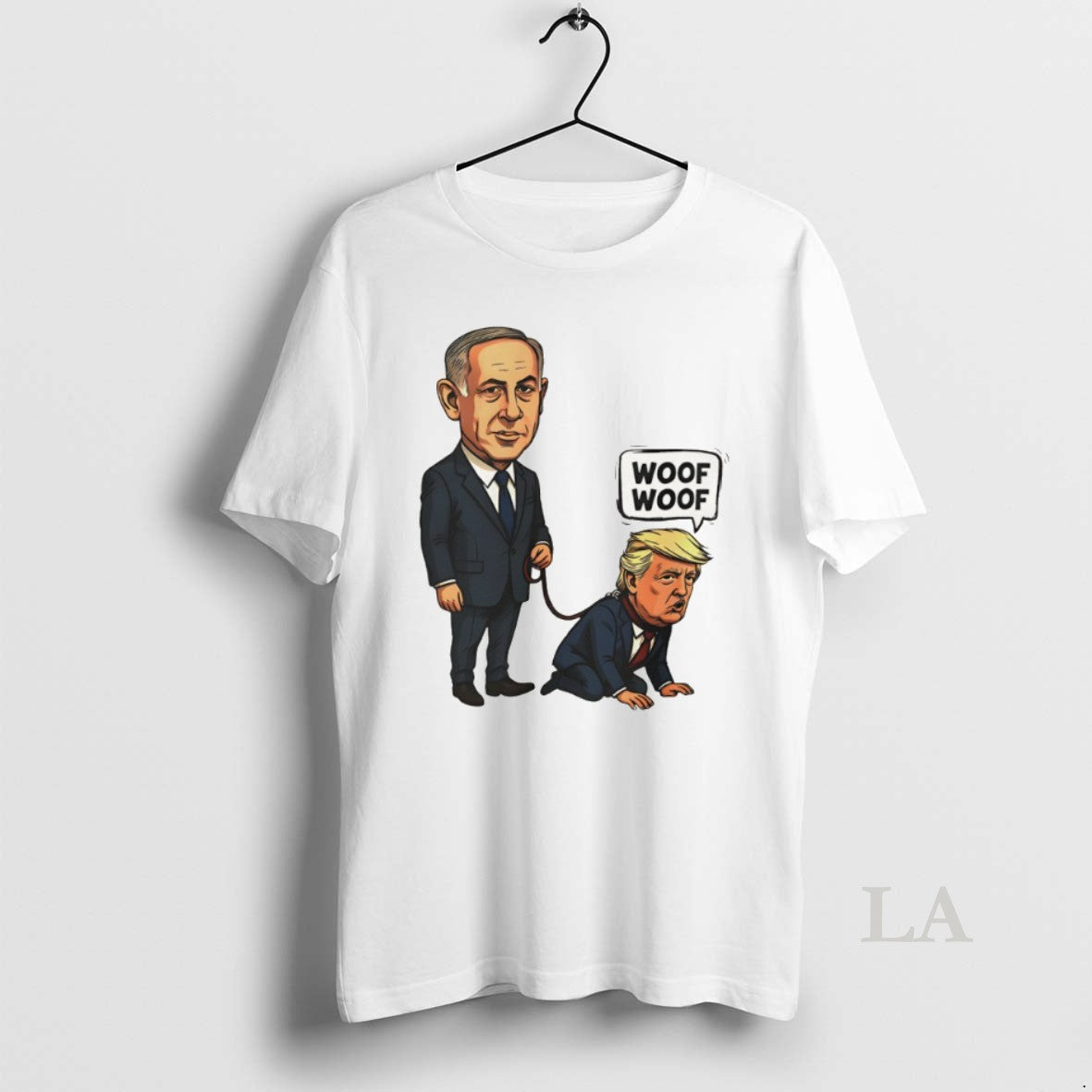 Original Netanyahu Walking Trump Dog Woof Woof Political Satire Caricature Unisex T-shirt, Sweatshirt, Hoodie, Long Sleeve Tee - T-Shirt, Sweatshirt, Hoodie