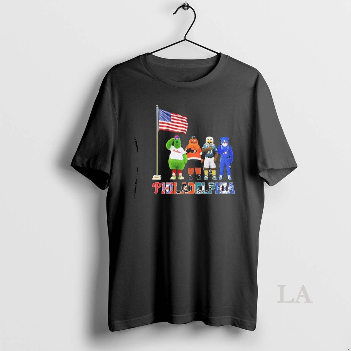 Original Philadelphia City Sports Mascot Front Of An American Flag Unisex T-shirt, Sweatshirt, Hoodie, Long Sleeve Tee - T-Shirt, Sweatshirt, Hoodie
