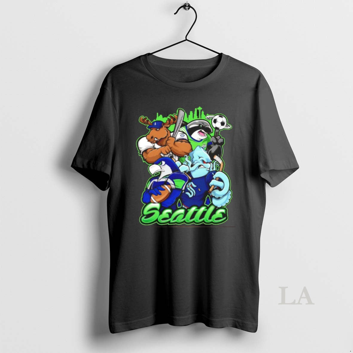 Original Seahawks Kraken Sounders And Mariners Seattle City Skyline Mascot Unisex T-shirt, Sweatshirt, Hoodie, Long Sleeve Tee - T-Shirt, Sweatshirt, Hoodie