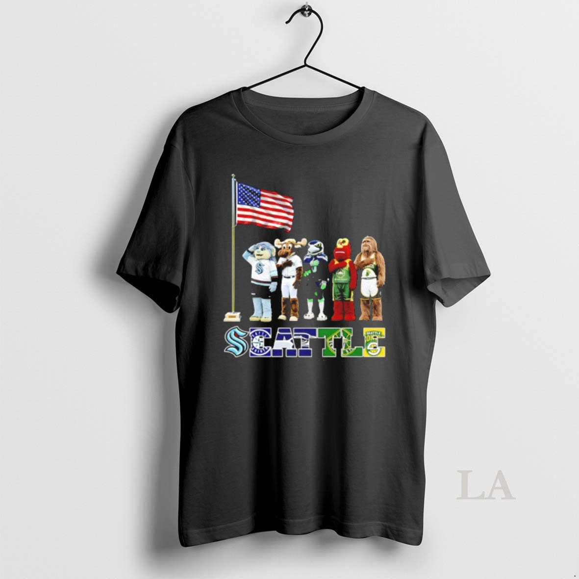 Original Seattle City Sports Mascot Front Of An American Flag Unisex T-shirt, Sweatshirt, Hoodie, Long Sleeve Tee - T-Shirt, Sweatshirt, Hoodie