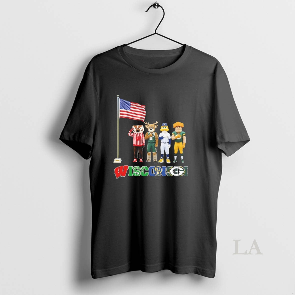 Original Wisconsin City Sports Mascot Front Of An American Flag Unisex T-shirt, Sweatshirt, Hoodie, Long Sleeve Tee - T-Shirt, Sweatshirt, Hoodie