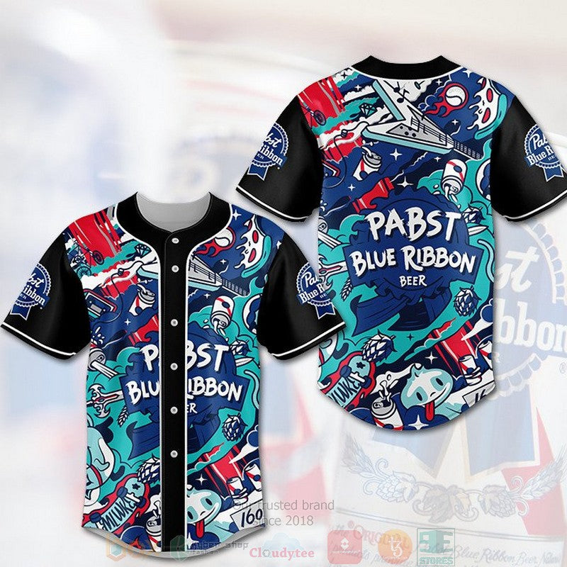 Pabst Blue Ribbon Beer black blue Baseball shirt baseball jersey product view 1