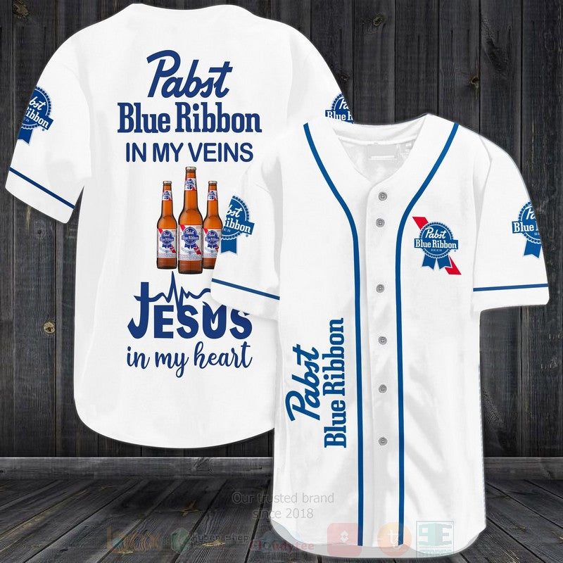FASHION Pabst Blue Ribbon In My Veins Jesus Is My Heart Baseball Jerseys Botton Shirt baseball jersey product view 1
