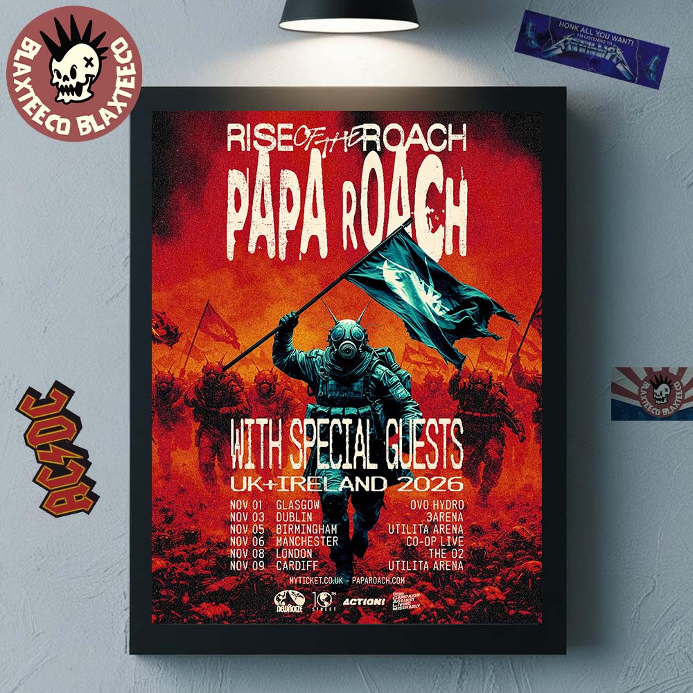 Papa Roach Rise Of The Roach UK And Ireland 2026 Tour Schedule Dates Poster Canvas Unisex T-shirt, Sweatshirt, Hoodie, Long Sleeve Tee - T-Shirt, Sweatshirt, Hoodie