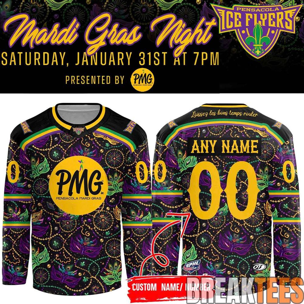 Pensacola Ice Flyers 2026 Mardi Gras Night Hockey Jersey Unisex T-shirt, Sweatshirt, Hoodie, Long Sleeve Tee - T-Shirt, Sweatshirt, Hoodie