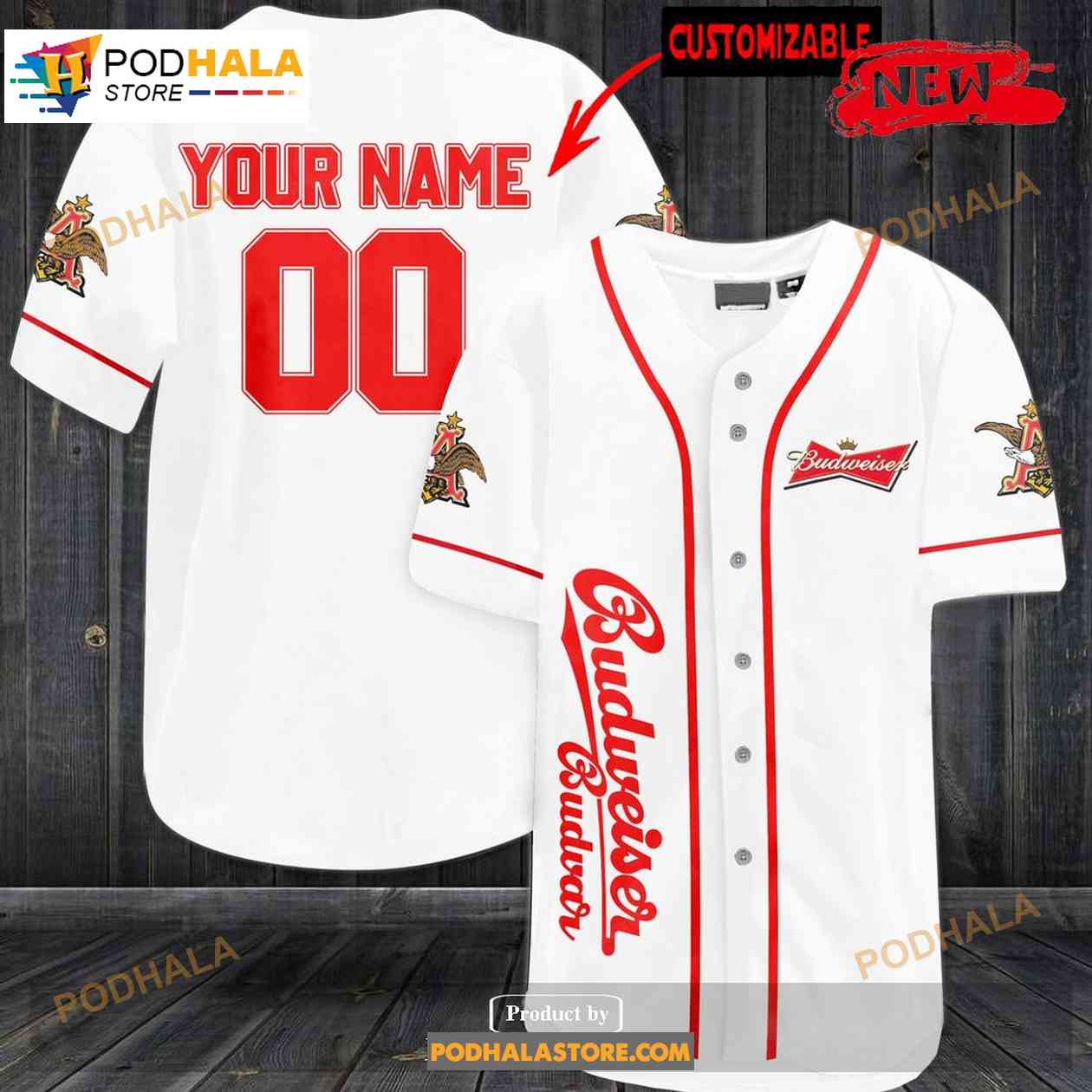 Personalized Budweiser White Design Baseball Jersey baseball jersey product view 1