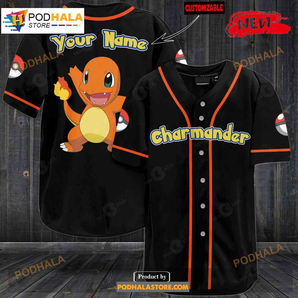 Personalized Charmander Black Baseball Jersey baseball jersey product view 1