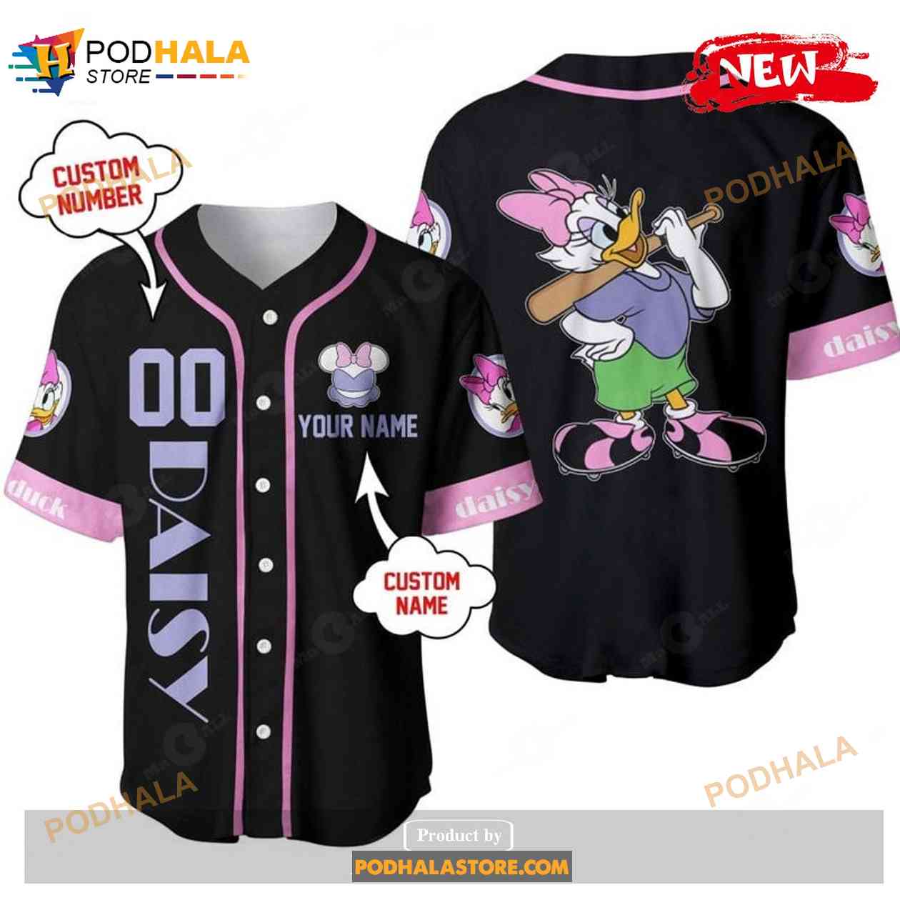 Personalized Daisy Duck Playing Baseball All Over Print Black Design Baseball Jersey baseball jersey product view 1