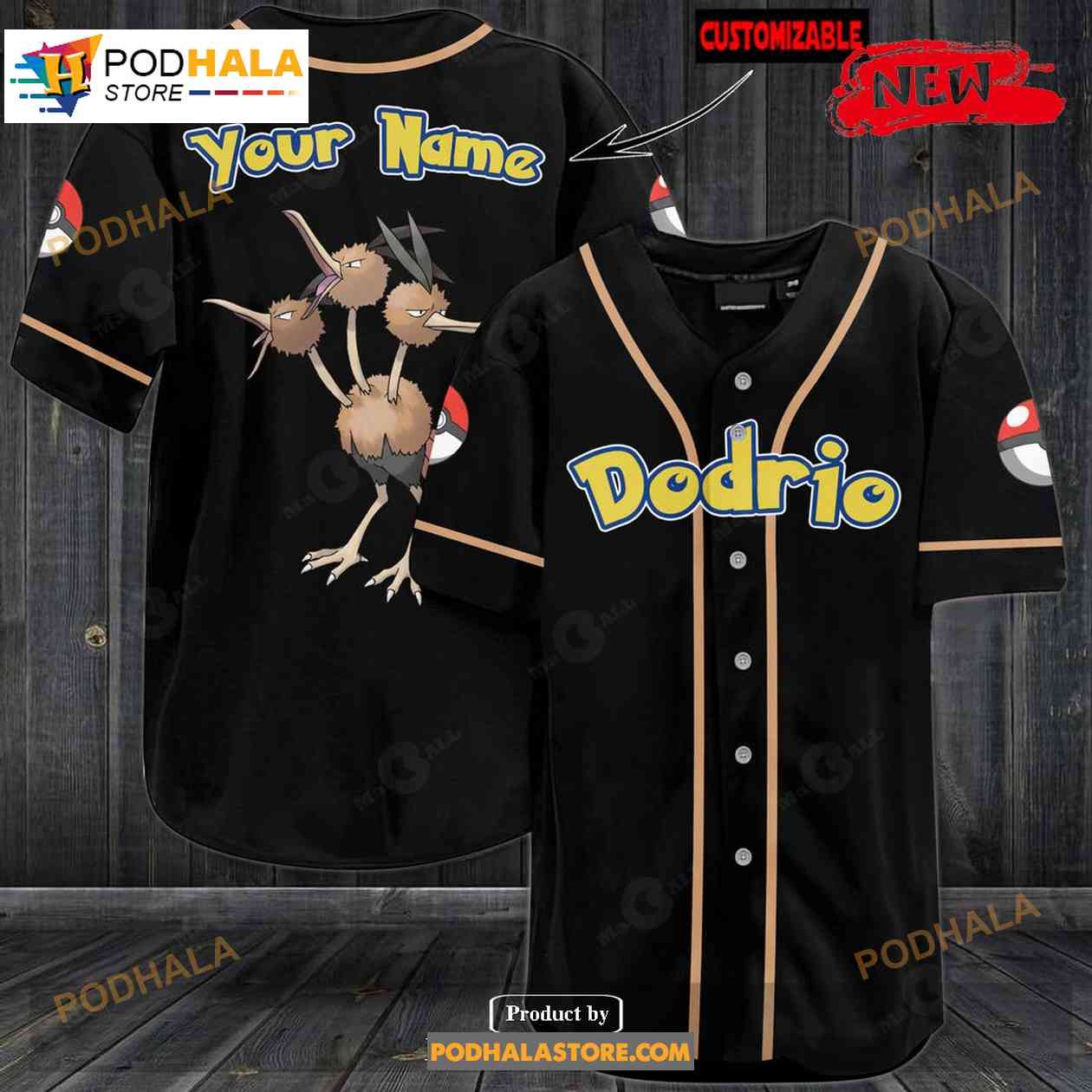 Personalized Dodrio Black Baseball Jersey baseball jersey product view 1