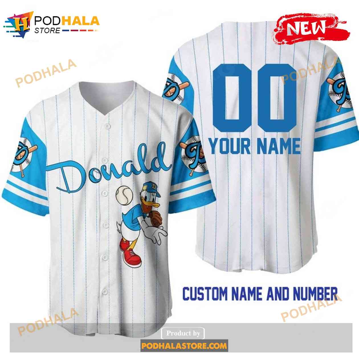 Personalized Donald Duck All Over Print Pinstripe White Baseball Jersey baseball jersey product view 1