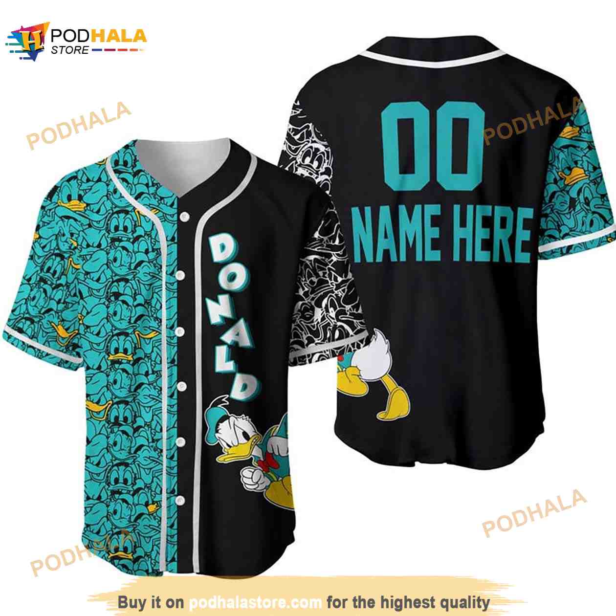 Personalized Donald Duck Pattern All Over Print 3D Baseball Jersey & Turquoise baseball jersey product view 1