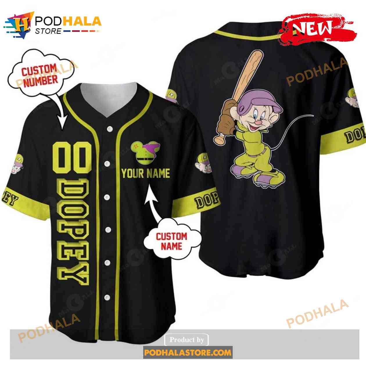 Personalized Dopey Dwarf Snow White Playing Baseball All Over Print Black Baseball Jersey baseball jersey product view 1