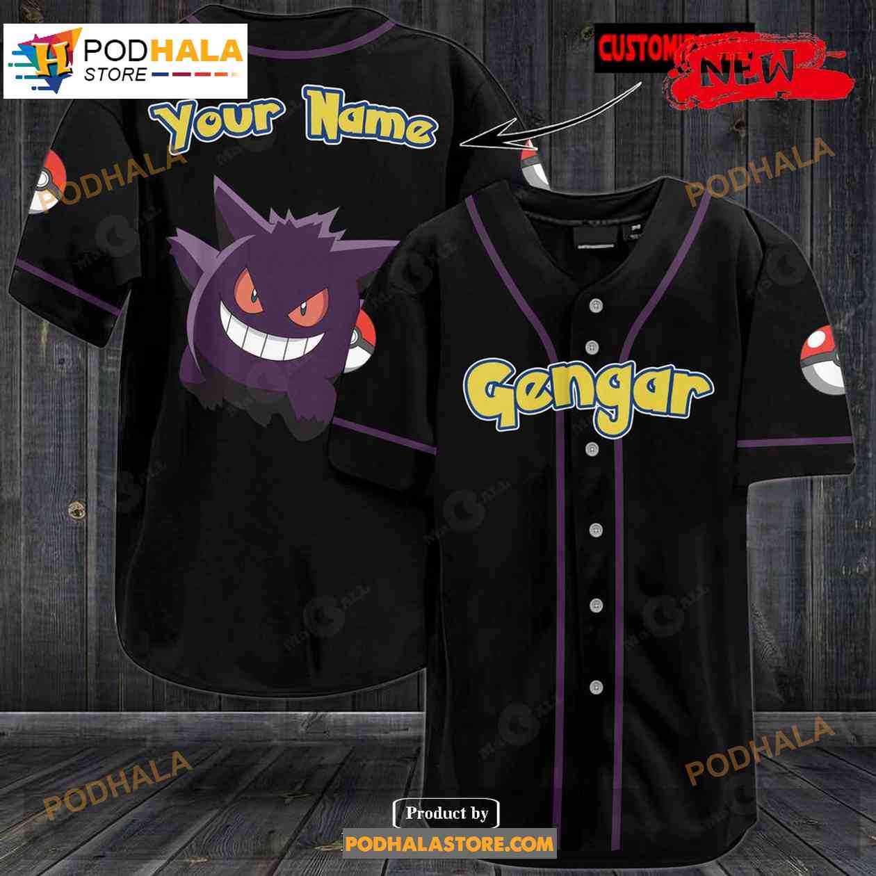 Personalized Gengar Black Baseball Jersey baseball jersey product view 1