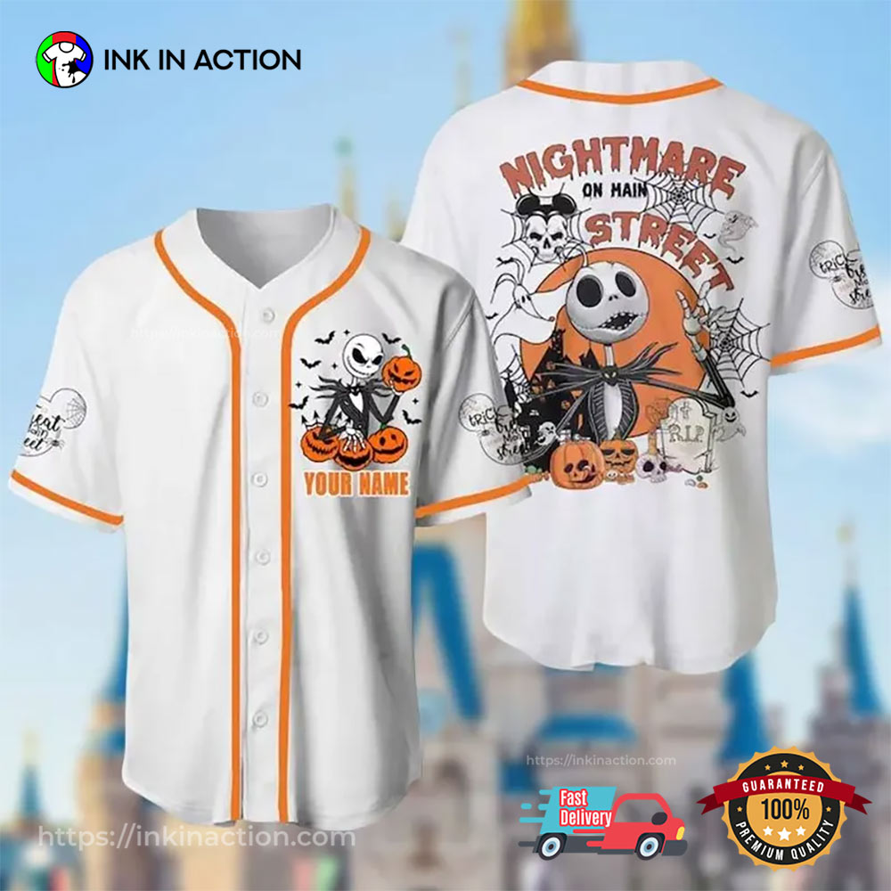 Personalized Jack Skellington Nightmare On Main Street Halloween Baseball Jersey baseball jersey product view 1