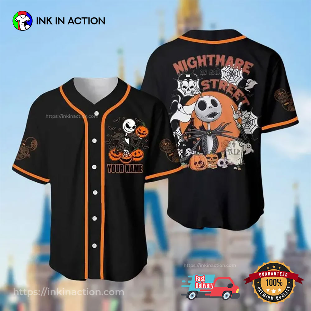 Personalized Jack Skellington Nightmare On Main Street Halloween Baseball Jersey baseball jersey product view 2