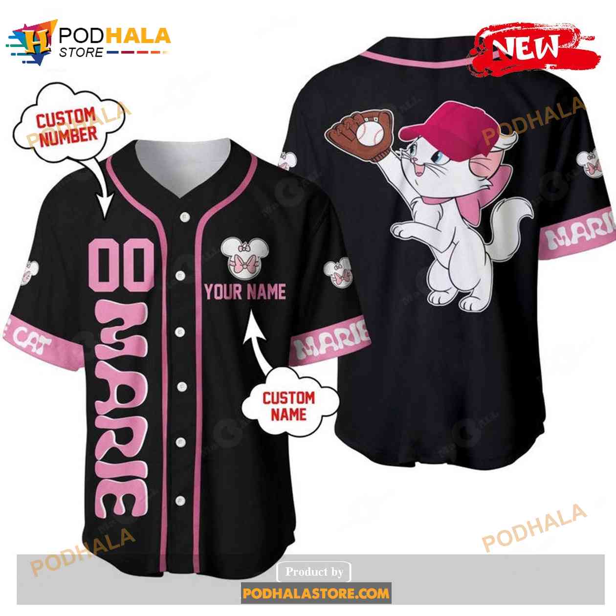 Personalized Marie Cat Playing Baseball All Over Print Black Baseball Jersey baseball jersey product view 1
