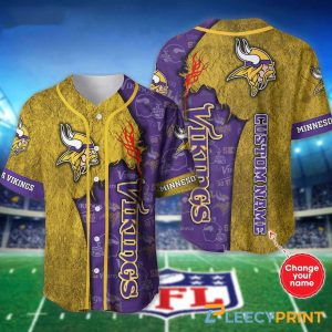 Personalized Minnesota Vikings Baseball Jersey, Yellow Purple Logo Graphic baseball jersey product view 1