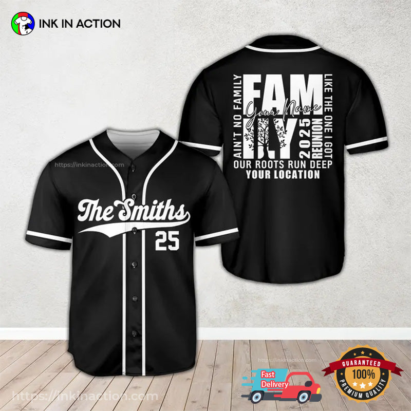 Personalized Name And Location Family Reunion 2025 Black Baseball Jersey baseball jersey product view 1