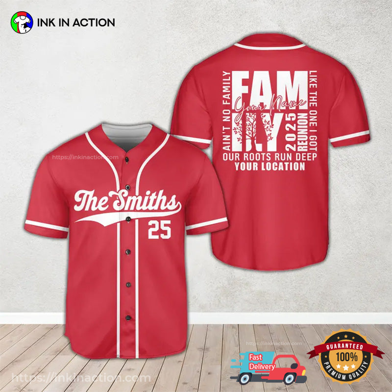 Personalized Name And Location Family Reunion 2025 Red Baseball Jersey baseball jersey product view 1