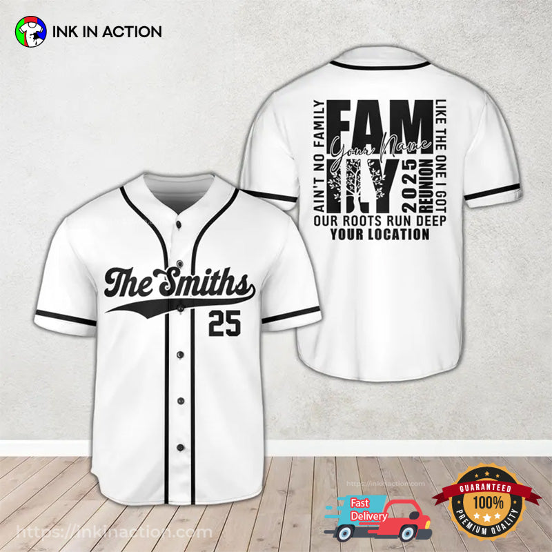 Personalized Name And Location Family Reunion 2025 White Baseball Jersey baseball jersey product view 1