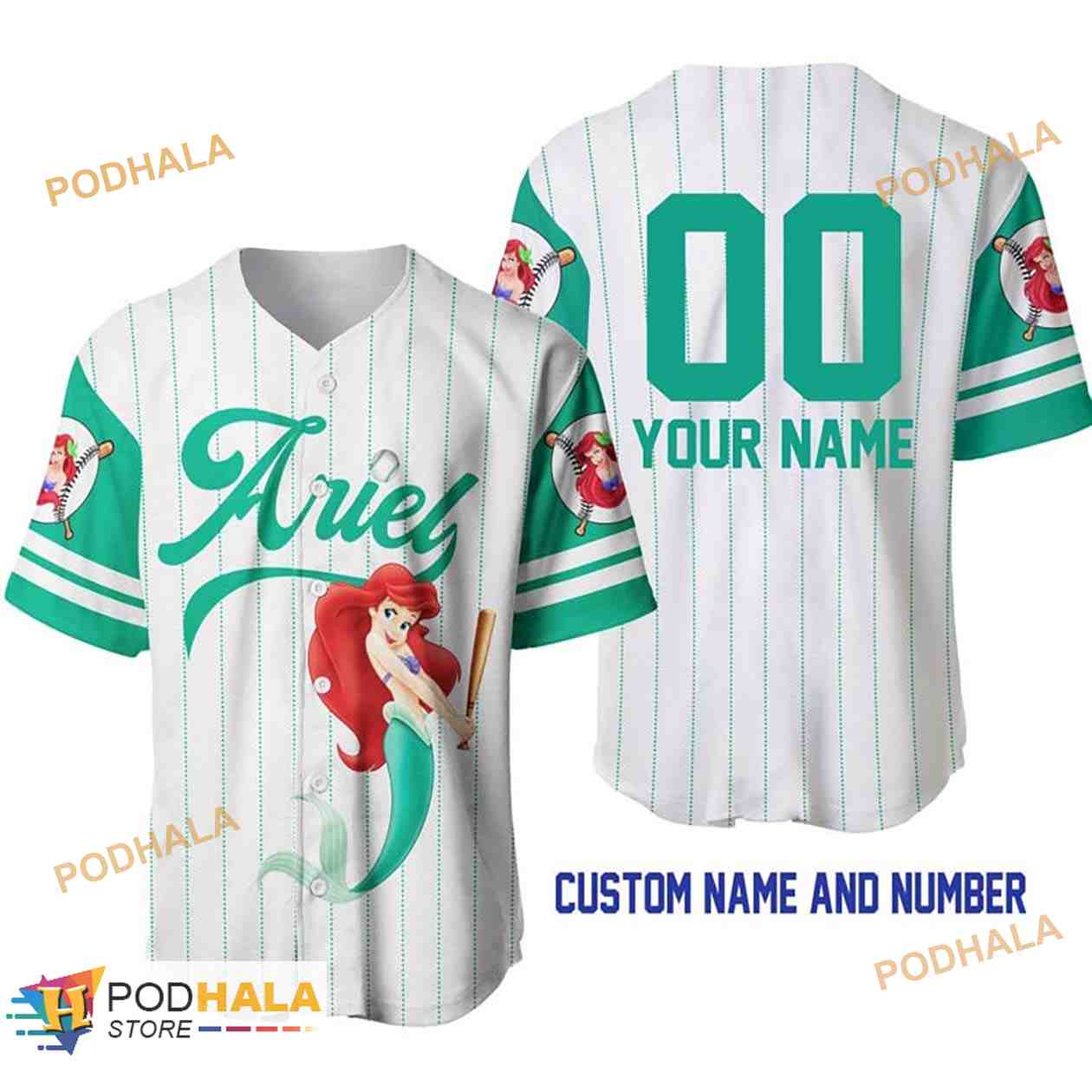 Personalized Name Ariel Princess The Little Mermaid Pinstripe 3D Baseball Jersey baseball jersey product view 1