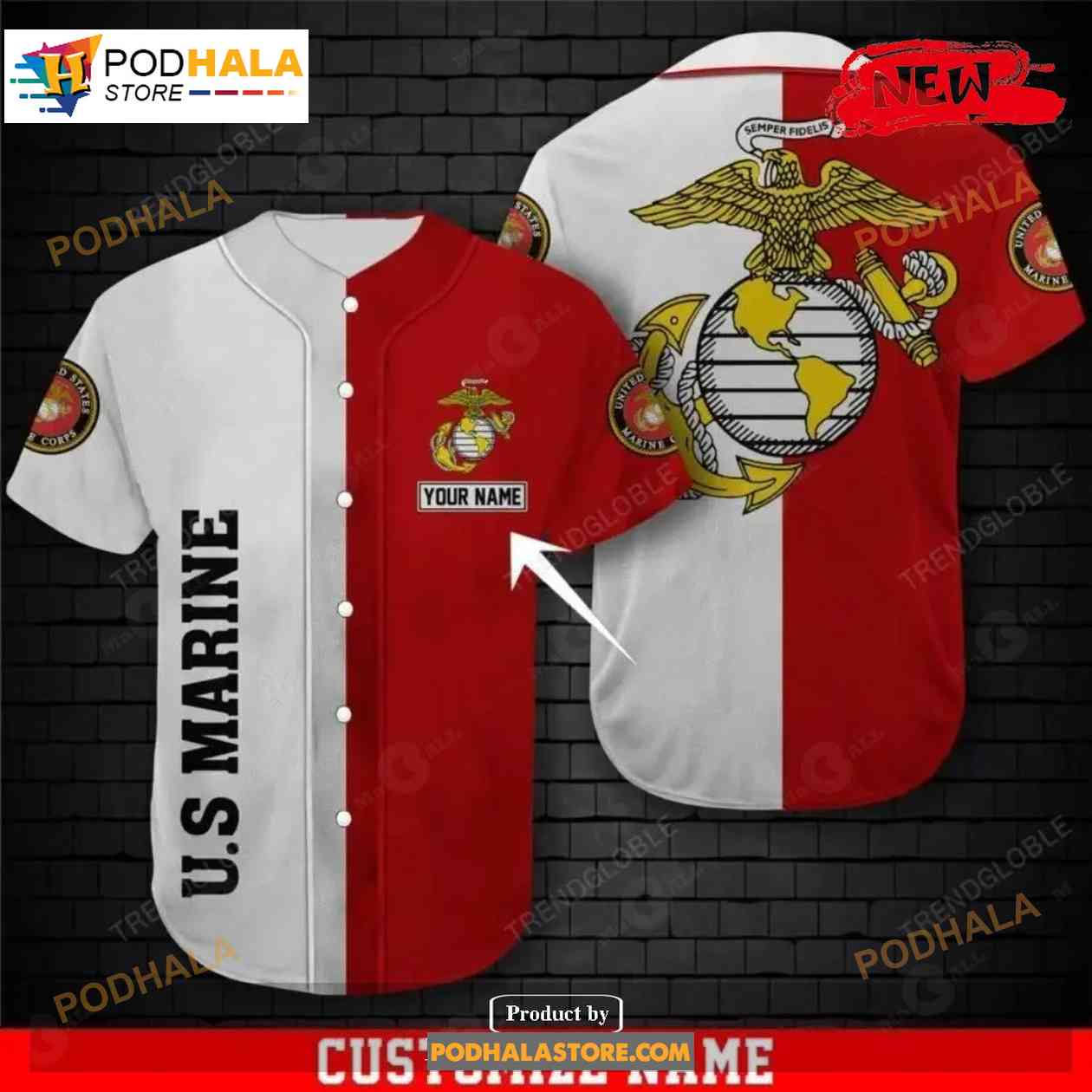 Personalized Name Us Marine Mix Red White Design Baseball Jersey Shirt baseball jersey product view 1