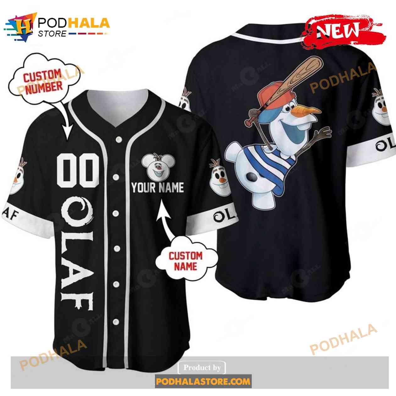 Personalized Olaf Frozen Playing Baseball All Over Print Black Baseball Jersey baseball jersey product view 1
