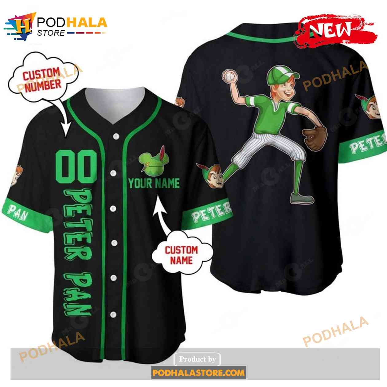 Personalized Peter Pan Playing Baseball All Over Print Black Baseball Jersey baseball jersey product view 1