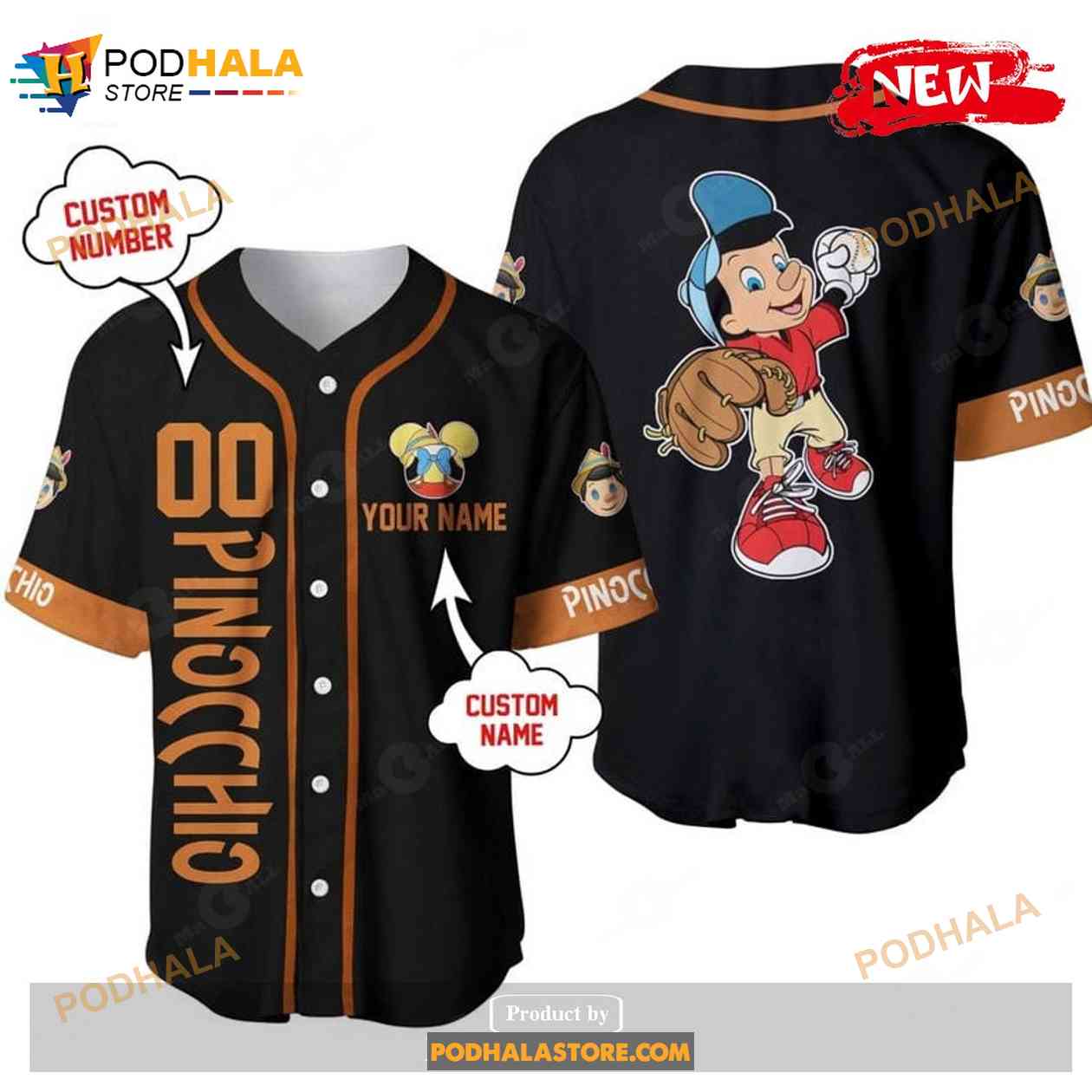 Personalized Pinocchio Playing Baseball All Over Print Black Baseball Jersey baseball jersey product view 1