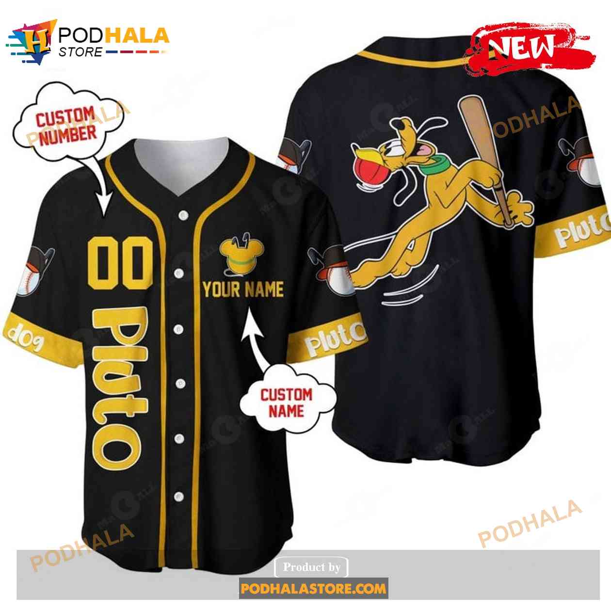 Personalized Pluto Dog Playing Baseball All Over Print Black Baseball Jersey baseball jersey product view 1