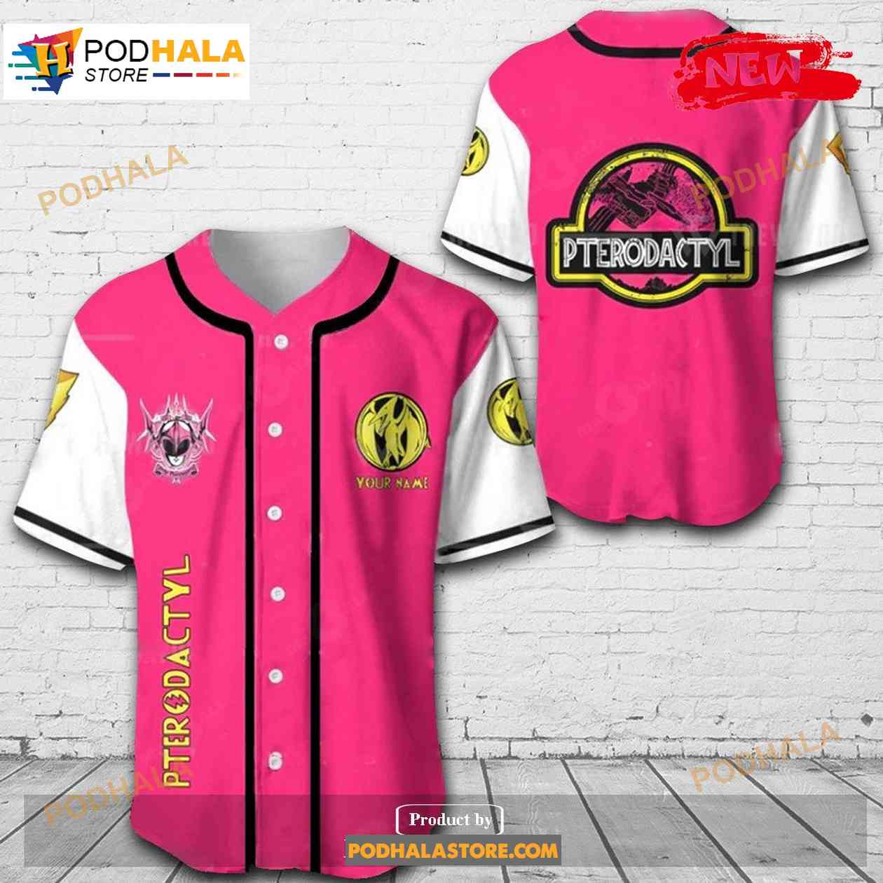 Personalized Pterodactyl Power Rangers All Over Print Pink Baseball Jersey baseball jersey product view 1