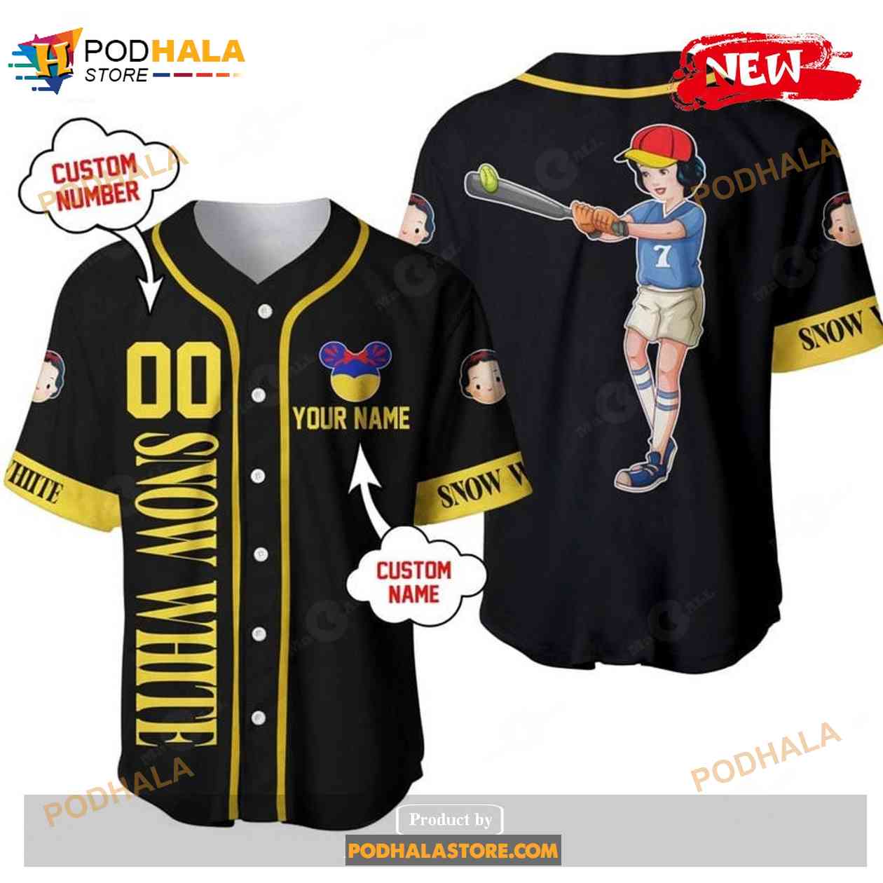 Personalized Snow White Princess Playing Baseball All Over Print Black Baseball Jersey baseball jersey product view 1