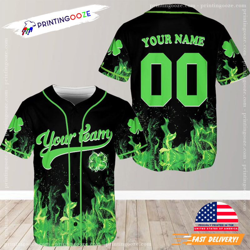 Personalized St. Patrick’s Day Shamrock On Fire Baseball Jersey baseball jersey product view 1