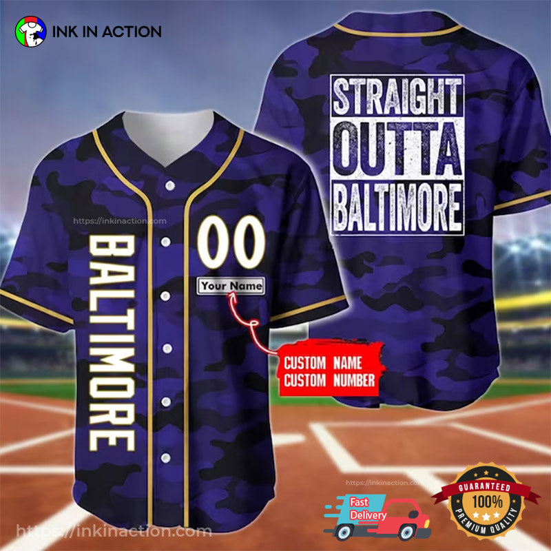 Personalized Straight Outta Baltimore Baseball Jersey, Baltimore Ravens Football Merch football jersey product view 1