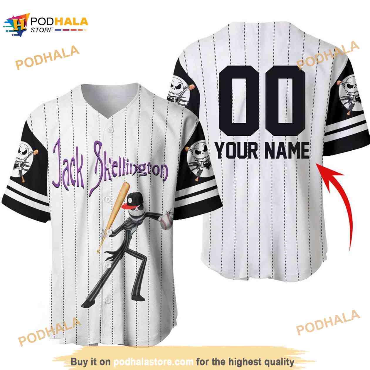 Personalized Striped Jack Skellington 3D Baseball Jersey baseball jersey product view 1