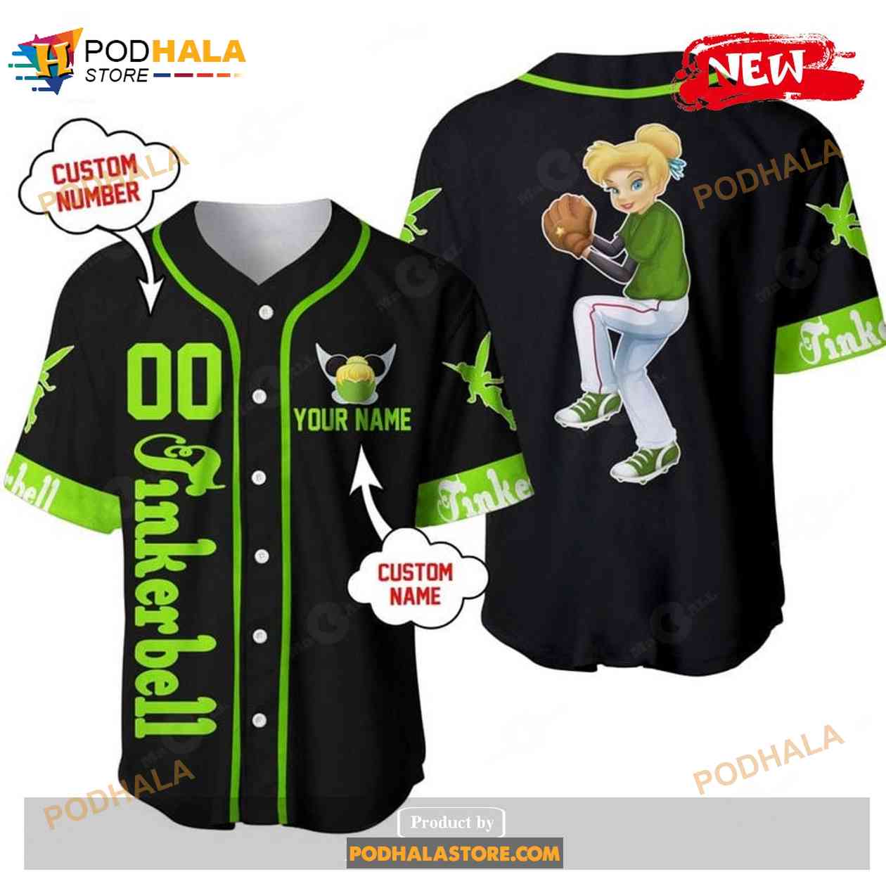 Personalized Tinker Bell Playing Baseball All Over Print Black Baseball Jersey baseball jersey product view 1