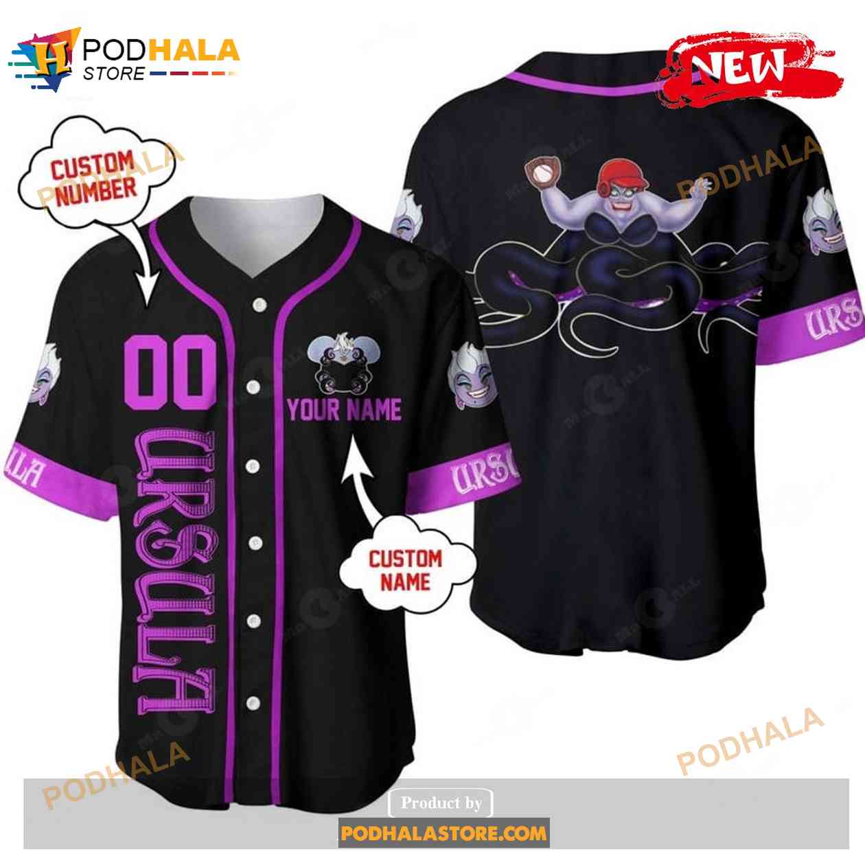 Personalized Villian Ursula The Little Mermaid Playing Baseball All Over Print Black Baseball Jersey baseball jersey product view 1