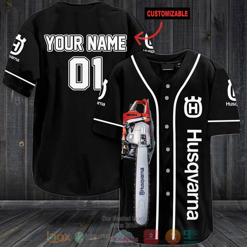 Personalized Husqvarna Chainsaws custom black Baseball shirt baseball jersey product view 1