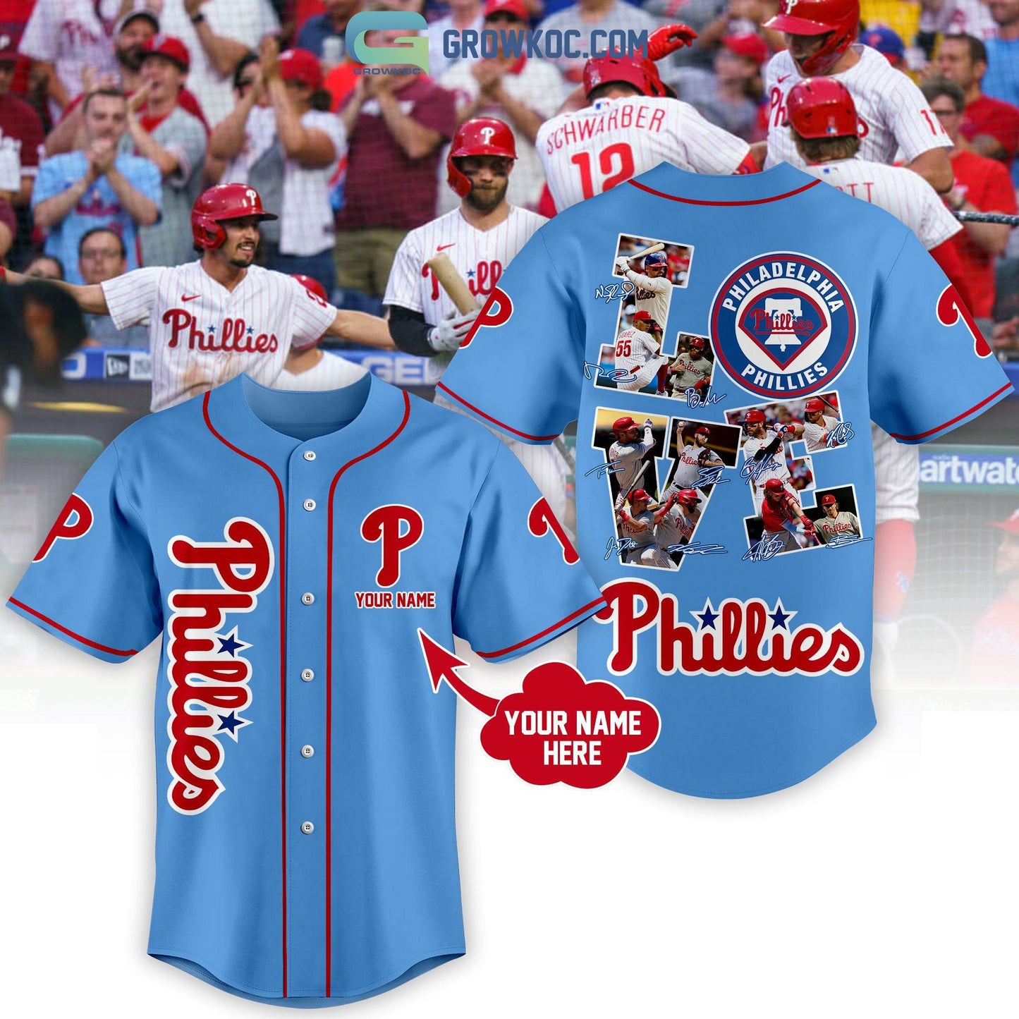 Philadelphia Phillies Love Team Light Blue Design Personalized Baseball Jersey baseball jersey product view 1