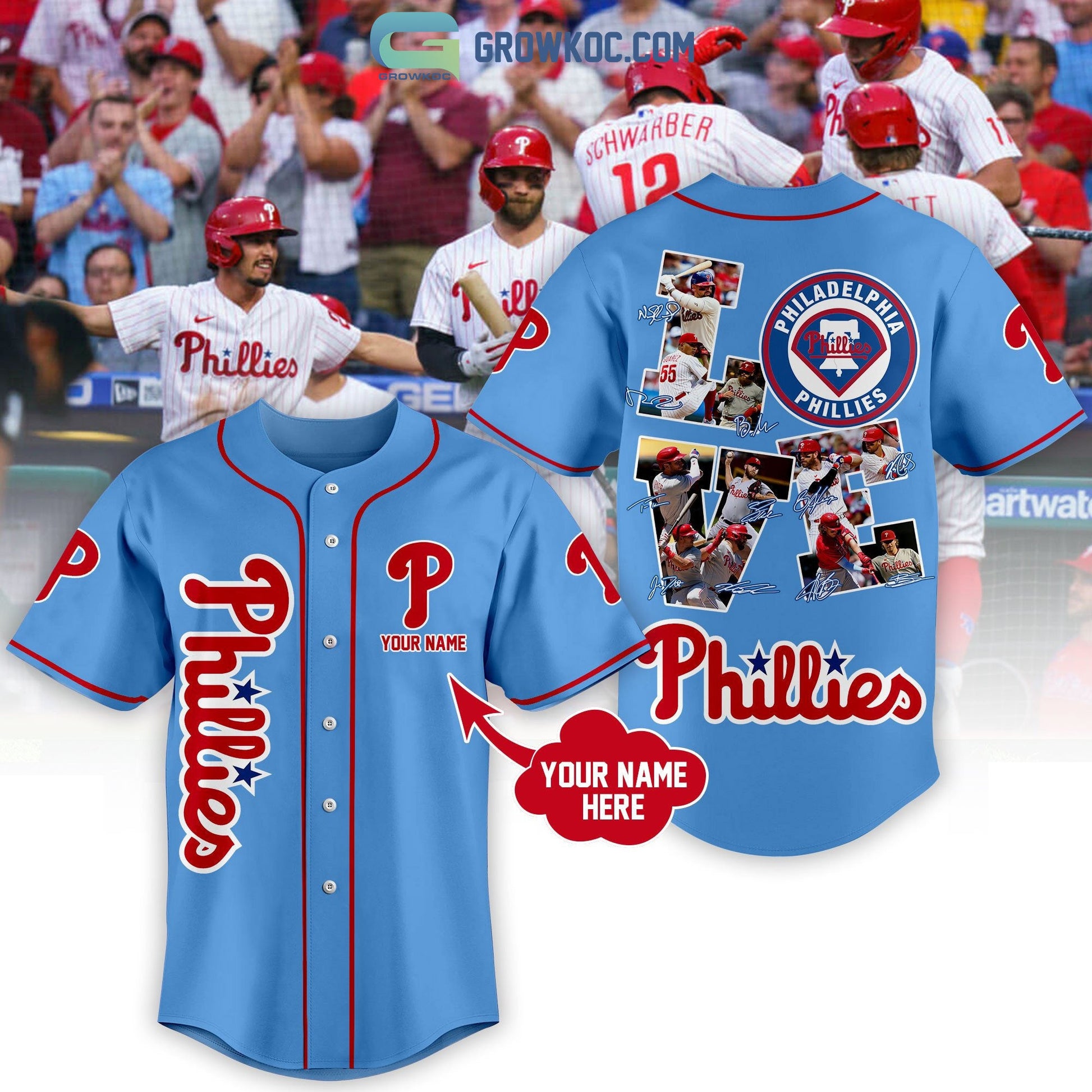 Philadelphia Phillies Love Team Light Blue Design Personalized Baseball Jersey baseball jersey product view 1
